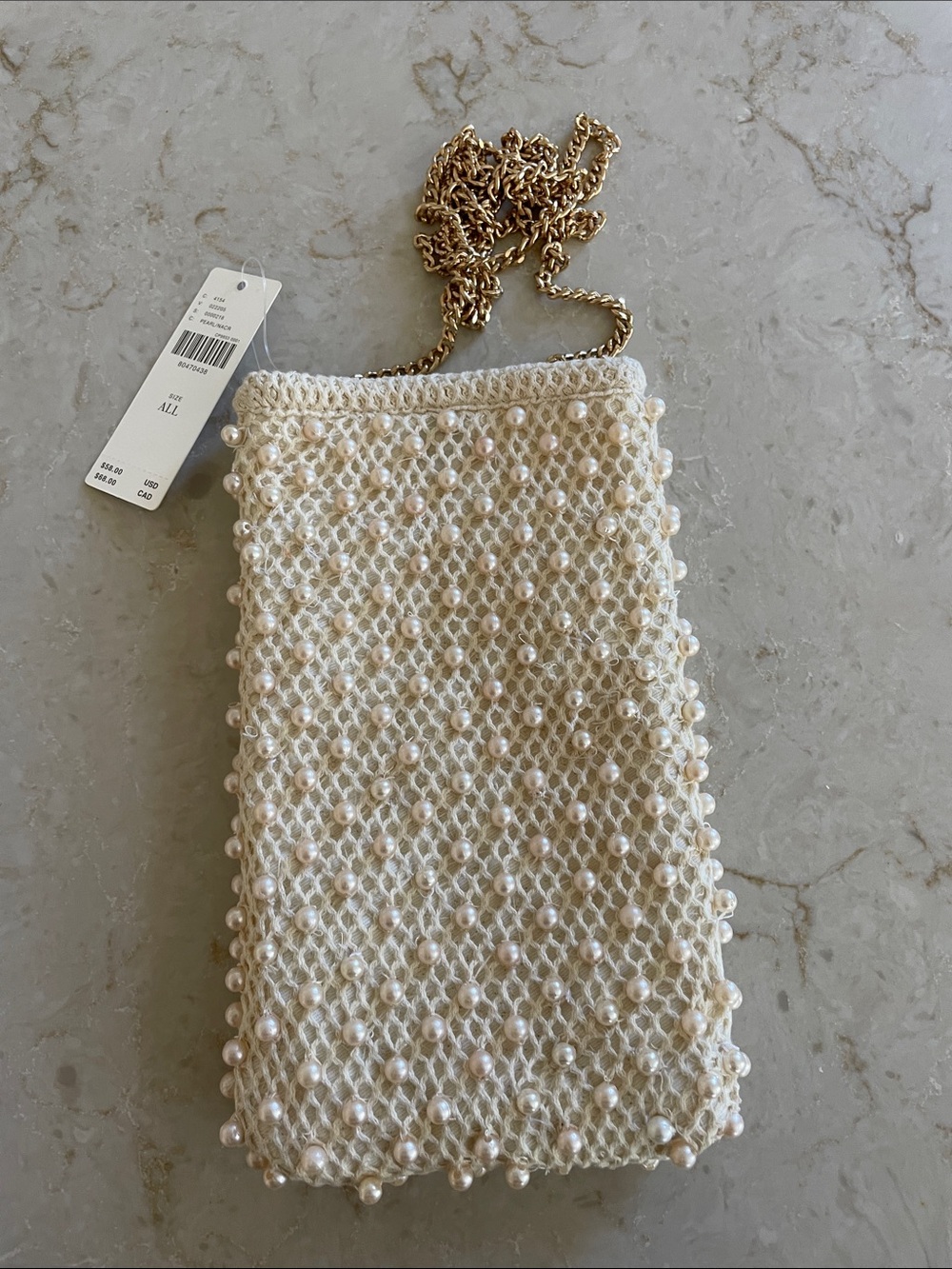 Anthropologie Pearl-Embellished Cream Crochet Crossbody Bag with Gold Chain